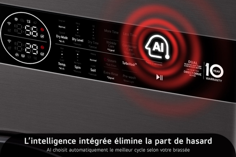 Le panneau Center Control™ du LG WashTower WKHC252HBA en Noir Acier, mettant en évidence l'intelligence artificielle (IA) intégrée qui règle automatiquement les cycles de lavage et de séchage optimaux.