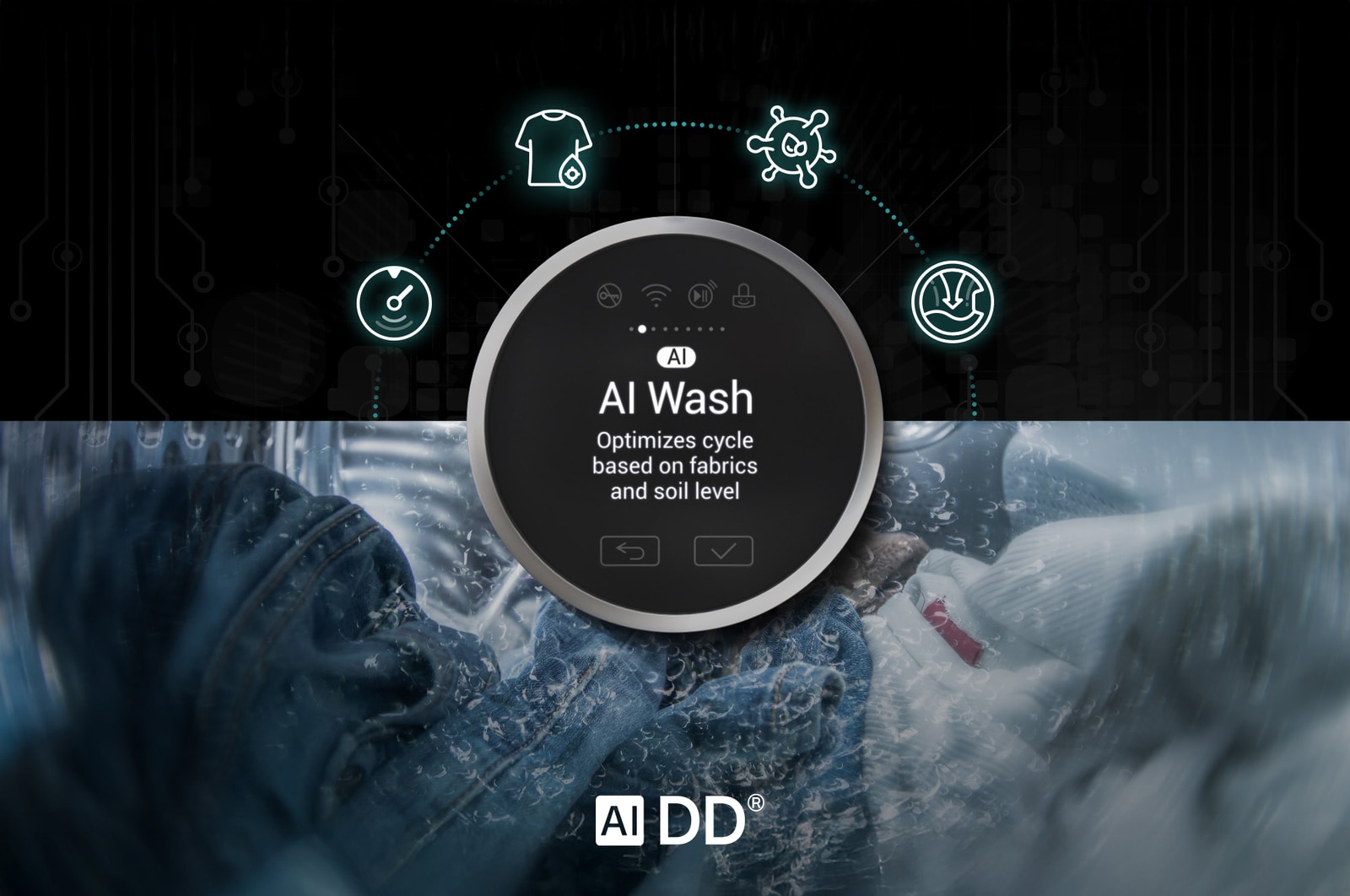 Illustration graphique des technologies AI DD® et AI Wash du lave-linge frontal LG WM5500HVA, qui optimise automatiquement le cycle de lavage en fonction du tissu et du niveau de saleté.