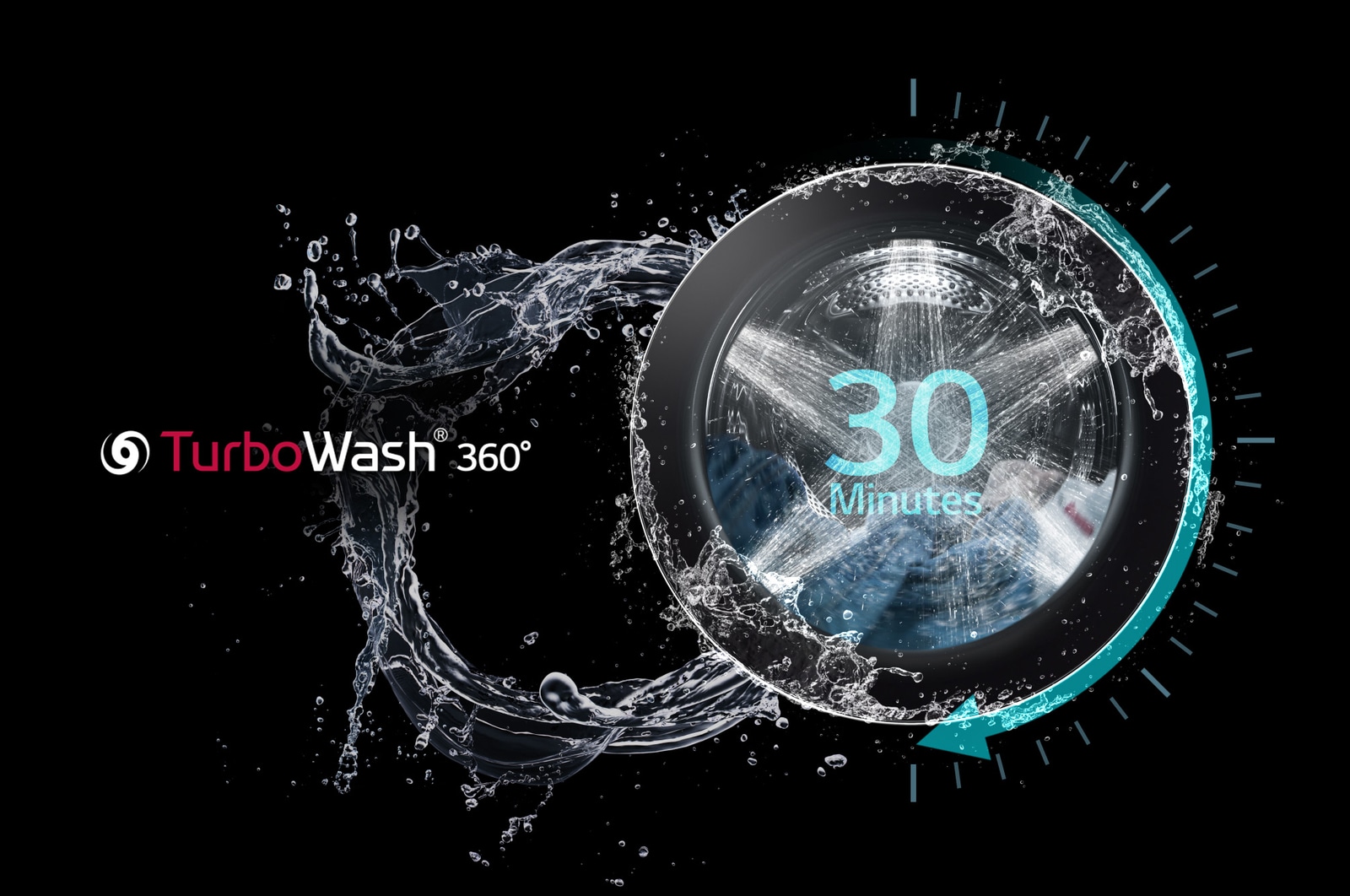 Illustration graphique de la technologie TurboWash® 360° du lave-linge frontal LG WM5500HVA, qui optimise le lavage en 30 minutes seulement.