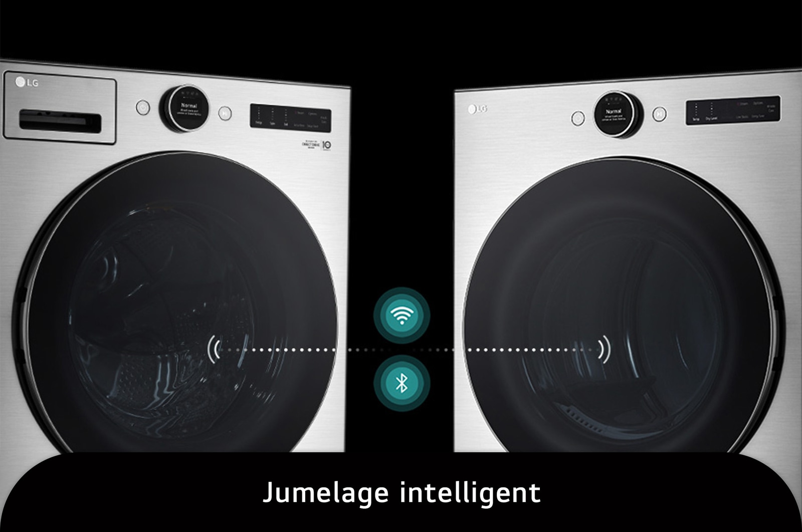 L'ensemble lave-linge et sèche-linge LG (WM5500HVA) en Acier Graphite, illustrant la fonction Smart Pairing, qui connecte les unités pour régler automatiquement le cycle de séchage optimal.