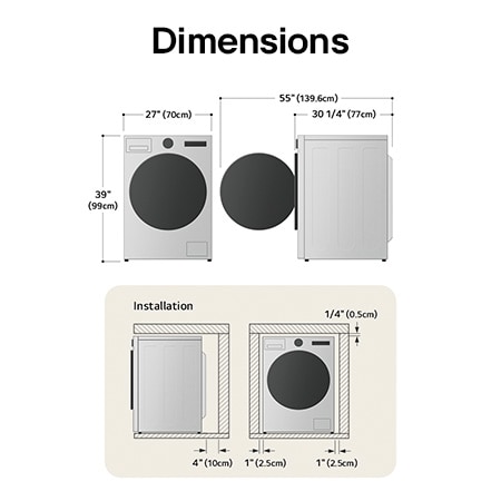 Schéma technique de dimensions et d'installation du lave-linge frontal LG : 27 po (70 cm) de largeur, 39 po (99 cm) de hauteur, 30 1/4 po (77 cm) de profondeur et 55 po (139,6 cm) porte ouverte, avec dégagements d'installation.
