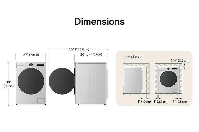 Schéma technique de dimensions et d'installation du lave-linge frontal compact LG : 24 po (60 cm) de largeur, 33 1/2 po (85 cm) de hauteur, 22 1/4 po (56,5 cm) de profondeur et 43 1/4 po (110 cm) porte ouverte, avec dégagements d'installation.