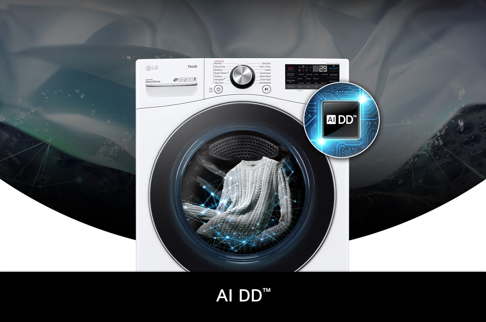 Lave-linge LG WM4100HWA illustrant AI DD™ : Visualisation de l'entraînement direct par IA qui détecte le poids et la douceur du tissu pour optimiser le cycle de lavage.