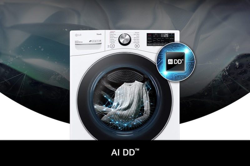 Lave-linge LG WM4100HWA illustrant AI DD™ : Visualisation de l'entraînement direct par IA qui détecte le poids et la douceur du tissu pour optimiser le cycle de lavage.