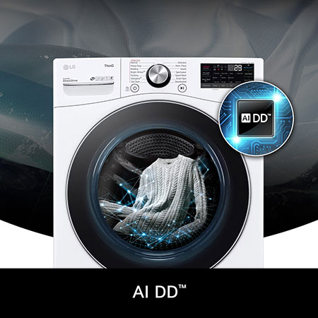 Lave-linge LG WM4100HWA illustrant AI DD™ : Visualisation de l'entraînement direct par IA qui détecte le poids et la douceur du tissu pour optimiser le cycle de lavage.