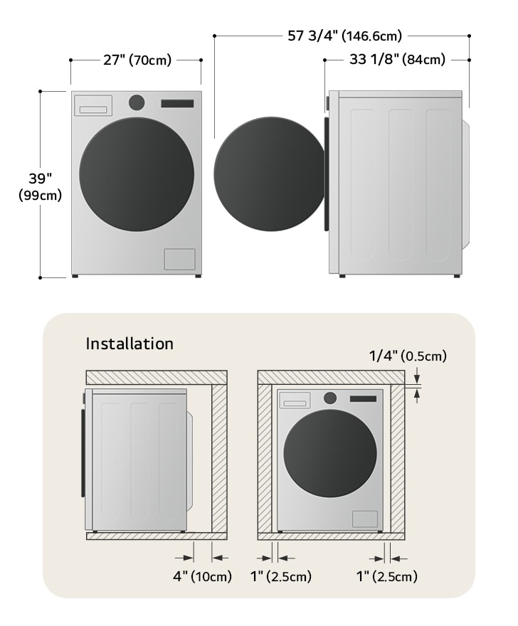 Schéma technique de dimensions et d'installation du lave-linge frontal LG : 27 po (70 cm) de largeur, 39 po (99 cm) de hauteur, 33 1/8 po (84 cm) de profondeur et 57 3/4 po (146,6 cm) porte ouverte, avec dégagements d'installation.