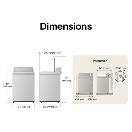 Schéma technique de dimensions et d'installation du lave-linge à chargement par le haut LG : 27 po (68,6 cm) de largeur, 43 po (109,2 cm) de hauteur, 57 po (144,8 cm) de hauteur couvercle ouvert et 32 po (81,1 cm) de profondeur d'installation requise.