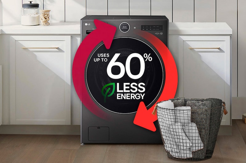 Le lave-linge séchant frontal LG WM6998HBA en Noir Acier, illustrant sa capacité à consommer jusqu'à 60 % moins d'énergie, garantissant une efficacité maximale.