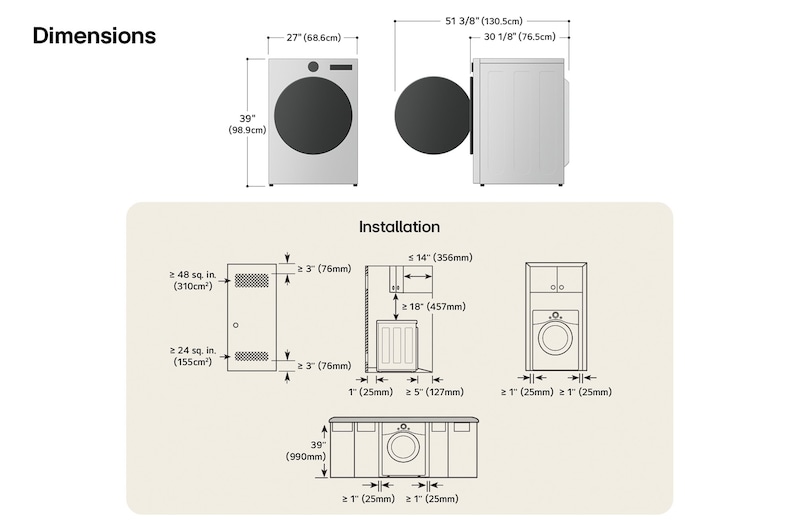 Dessin technique du sécheuse LG : L 27 po (68,6 cm), H 39 po (98,9 cm), P 29 3/4 po (75,6 cm) (porte ouverte 51 3/8 po/130,5 cm), dégagements incl.