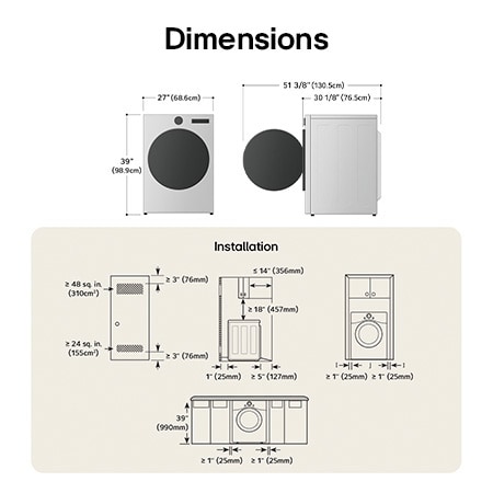 Dessin technique du sécheuse LG : L 27 po (68,6 cm), H 39 po (98,9 cm), P 29 3/4 po (75,6 cm) (porte ouverte 51 3/8 po/130,5 cm), dégagements incl.