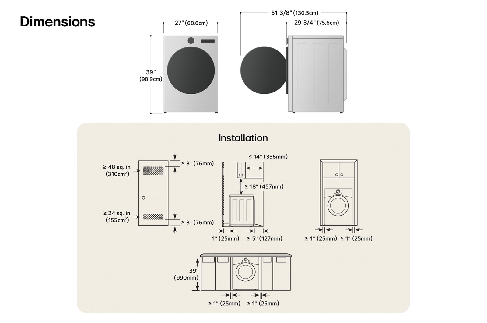 Dessin technique du sécheuse LG : L 27 po (68,6 cm), H 39 po (98,9 cm), P 29 3/4 po (75,6 cm) (porte ouverte 51 3/8 po/130,5 cm), dégagements incl.