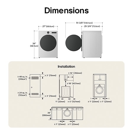 Dessin technique du sécheuse LG : L 27 po (68,6 cm), H 39 po (98,9 cm), P 29 3/4 po (75,6 cm) (porte ouverte 51 3/8 po/130,5 cm), dégagements incl.