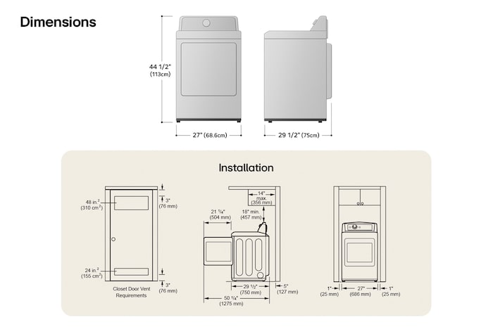 Schéma technique de dimensions et d'installation du sèche-linge LG : 27 po (68,6 cm) de largeur, 44 1/2 po (113 cm) de hauteur, 29 1/2 po (75 cm) de profondeur et 50 1/4 po (1275 mm) porte ouverte, avec dégagements et exigences de ventilation requis.
