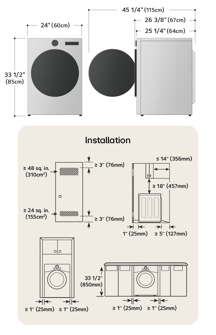 Schéma technique de dimensions et d'installation du sèche-linge frontal compact LG : 24 po (60 cm) de largeur, 33 1/2 po (85 cm) de hauteur, 26 3/8 po (67 cm) de profondeur et 45 1/4 po (115 cm) porte ouverte, avec dégagements et exigences de ventilation requis.