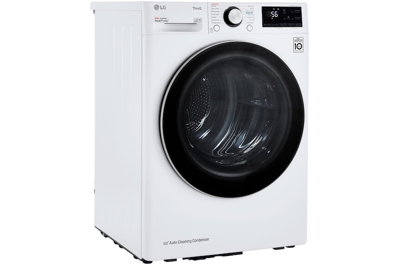  Le sèche-linge compact LG DLHC1455W Blanc, présenté sous un angle avec la porte fermée, mettant en évidence la fonction Auto Cleaning Condenser et son design compact.