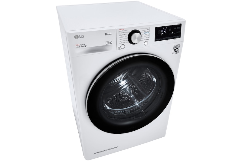 Le sèche-linge compact LG DLHC1455W Blanc, présenté en plongée, soulignant le panneau de commande supérieur et la technologie Dual Inverter HeatPump™.