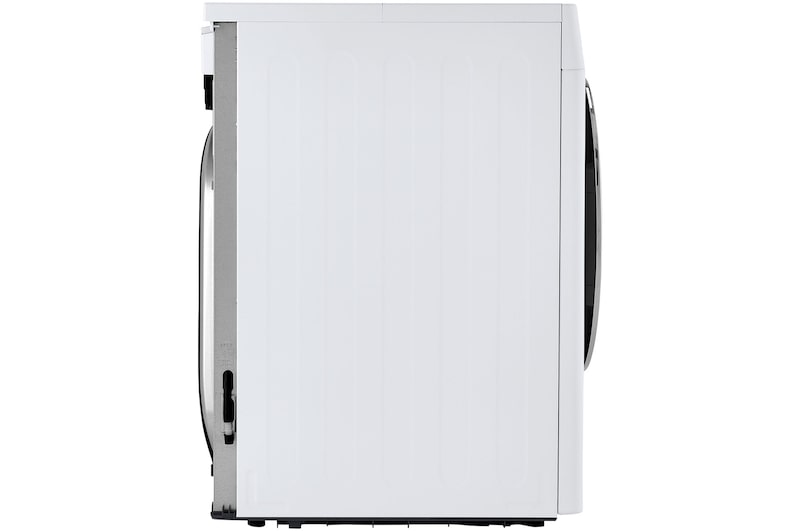Le sèche-linge compact LG DLHC1455W Blanc, vue de profil complet, illustrant sa profondeur compacte et son design latéral épuré.