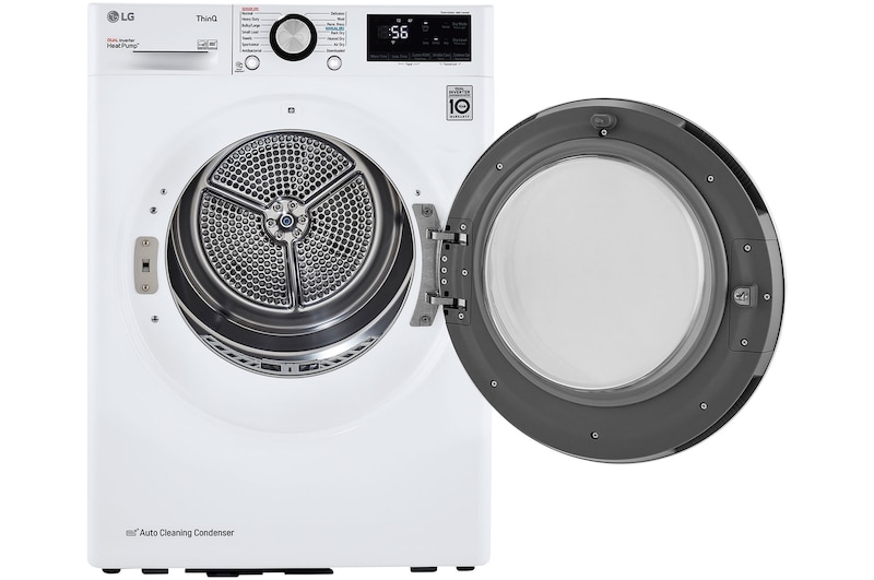  Le sèche-linge frontal compact à pompe à chaleur LG DLHC1455W Blanc, porte grande ouverte, laissant voir le tambour en acier inoxydable et la technologie HeatPump™.