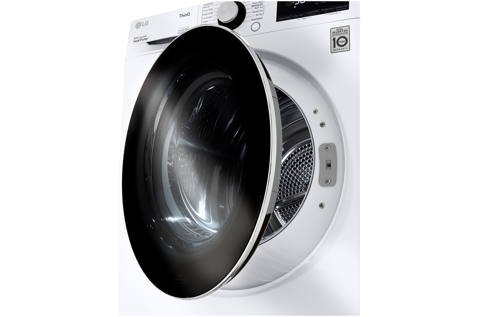 Le sèche-linge compact LG DLHC1455W Blanc, présenté sous un angle avec la porte en verre trempé noir légèrement ouverte, laissant voir le tambour en acier inoxydable.