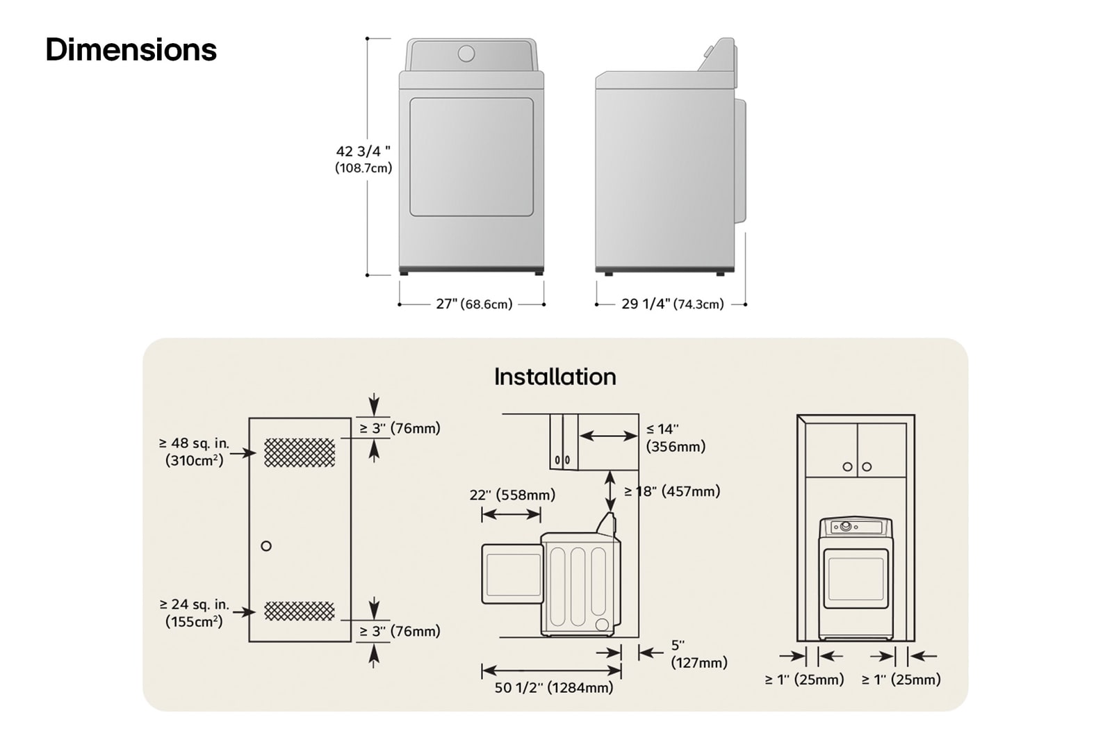 Schéma technique de dimensions et d'installation du sèche-linge LG : 27 po (68,6 cm) de largeur, 42 3/4 po (108,7 cm) de hauteur, 29 1/4 po (74,3 cm) de profondeur et 50 1/2 po (1284 mm) porte ouverte, avec dégagements et exigences de ventilation requis.