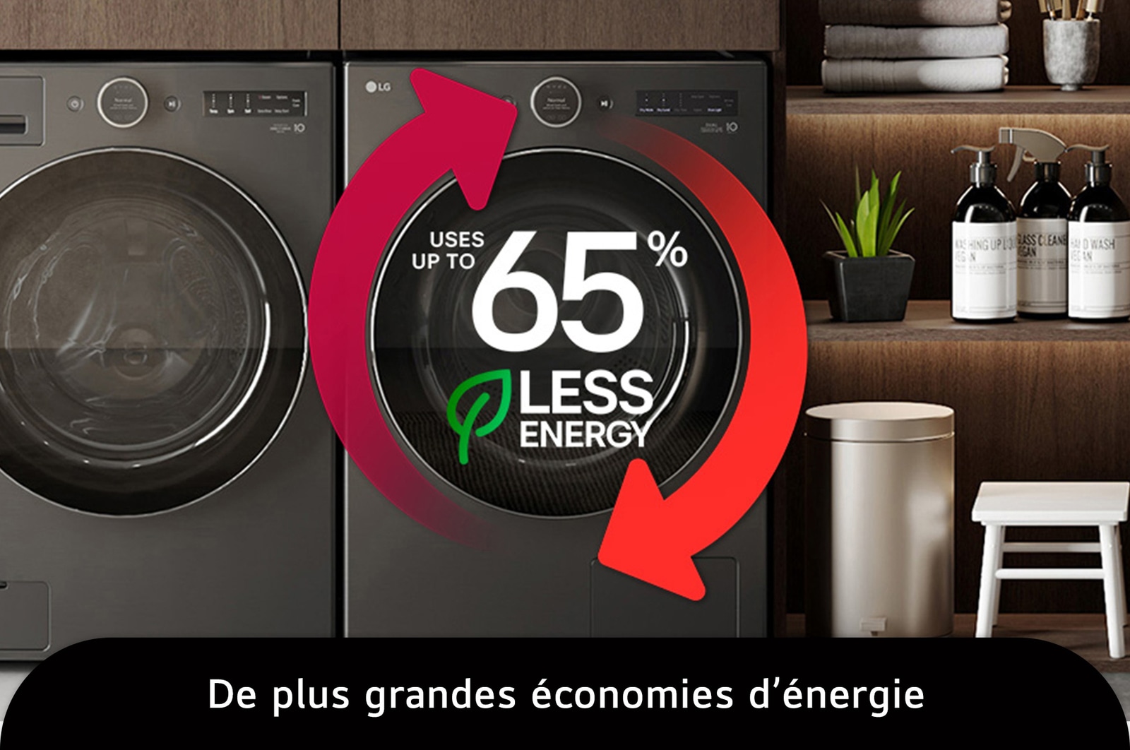 Le sèche-linge frontal LG DLHC6702B en Noir Acier, illustrant sa capacité à consommer jusqu'à 65 % moins d'énergie, garantissant une efficacité maximale.