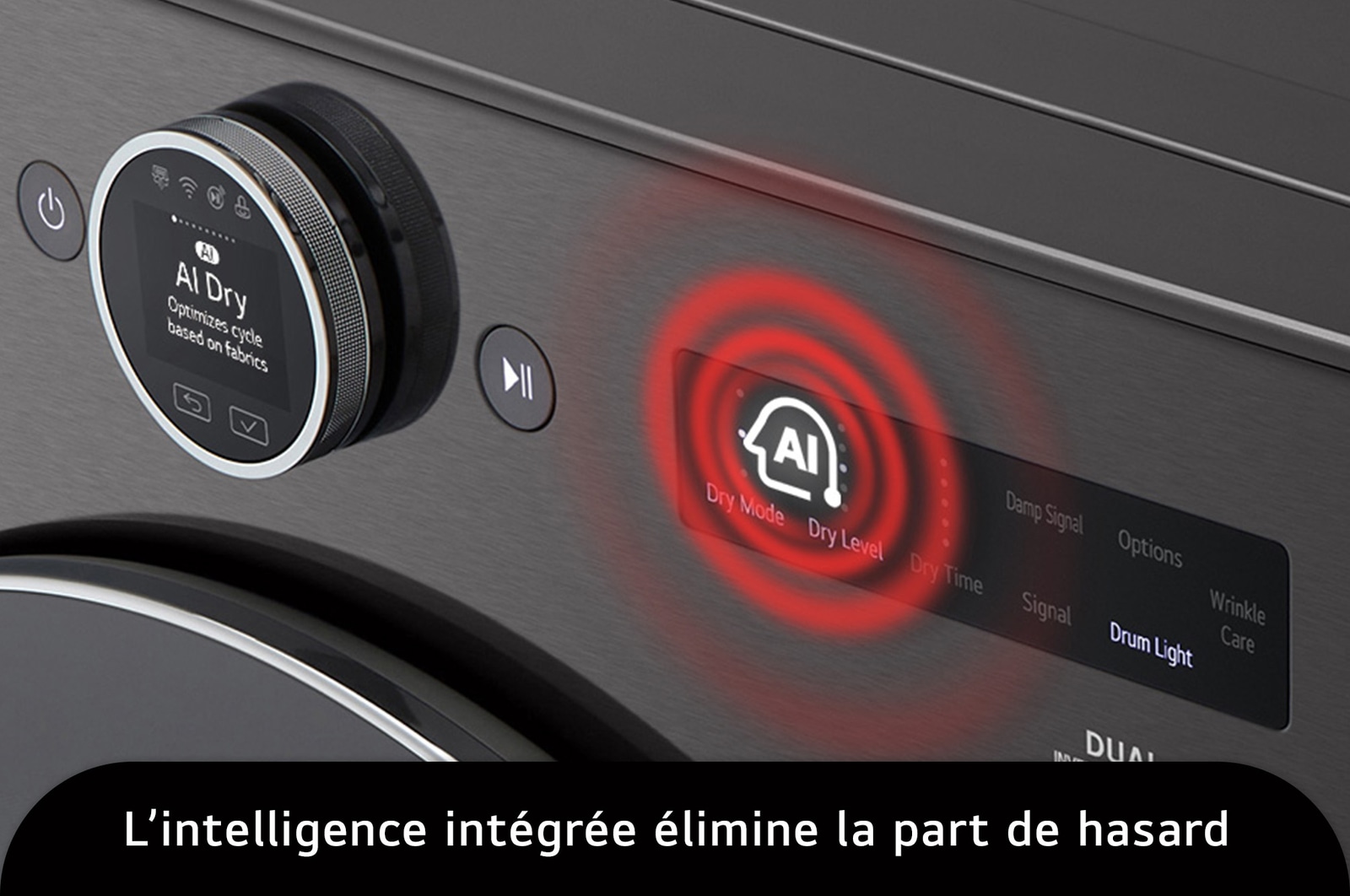Le panneau de commande du sèche-linge frontal LG DLHC6702B en Noir Acier, illustrant l'intelligence AI Dry qui règle automatiquement le cycle de séchage optimal en fonction du type de tissu.