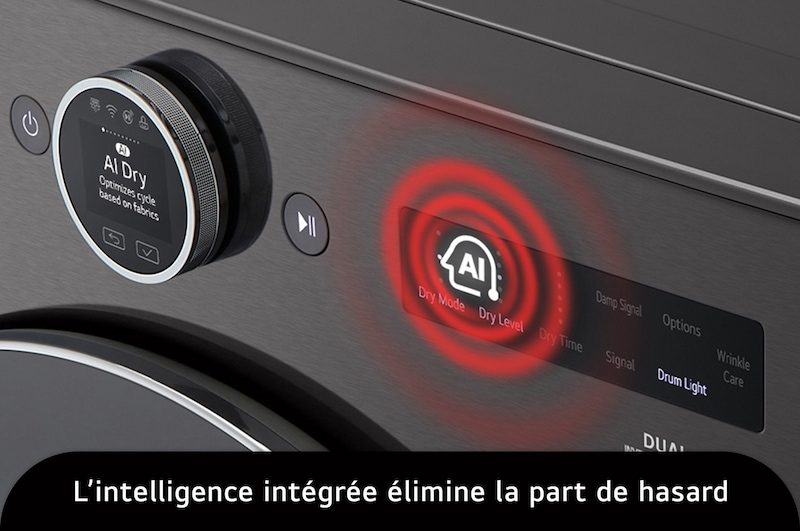 Le panneau de commande du sèche-linge frontal LG DLHC6702B en Noir Acier, illustrant l'intelligence AI Dry qui règle automatiquement le cycle de séchage optimal en fonction du type de tissu.