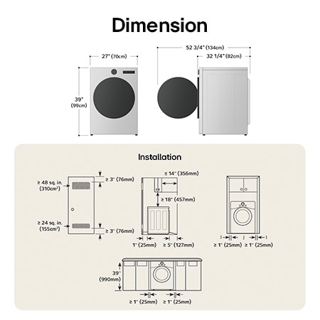 Schéma technique de dimensions et d'installation du sèche-linge frontal LG : 27 po (70 cm) de largeur, 39 po (99 cm) de hauteur, 32 1/4 po (82 cm) de profondeur et 52 3/4 po (134 cm) porte ouverte, avec dégagements et exigences de ventilation requis.