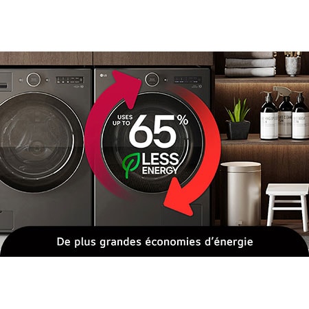Le sèche-linge frontal LG DLHC6702B en Noir Acier, illustrant sa capacité à consommer jusqu'à 65 % moins d'énergie, garantissant une efficacité maximale.