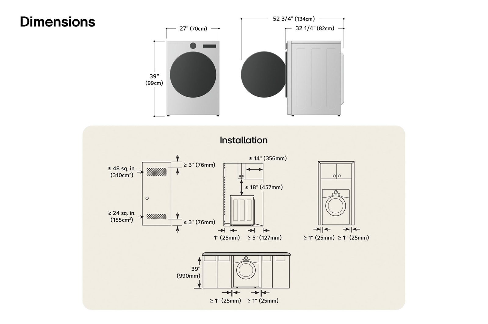 Schéma technique de dimensions et d'installation du sèche-linge frontal LG : 27 po (70 cm) de largeur, 39 po (99 cm) de hauteur, 32 1/4 po (82 cm) de profondeur et 52 3/4 po (134 cm) porte ouverte, avec dégagements et exigences de ventilation requis.