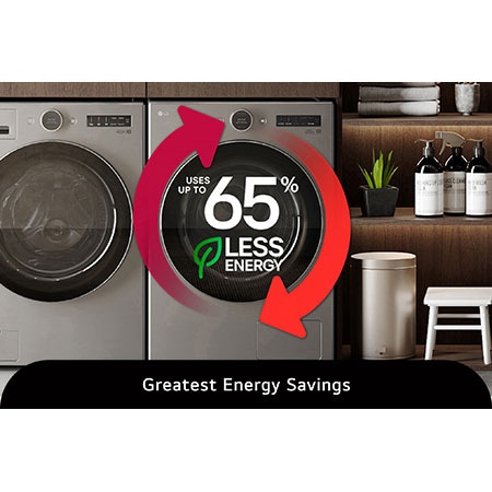Le sèche-linge frontal LG DLHC5502V en Acier Graphite, illustrant sa capacité à consommer jusqu'à 65 % moins d'énergie, garantissant une efficacité maximale.