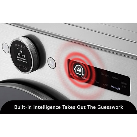Le panneau de commande du sèche-linge frontal LG DLHC5502V en Acier Graphite, illustrant l'intelligence AI Dry qui règle automatiquement le cycle de séchage optimal en fonction du type de tissu.