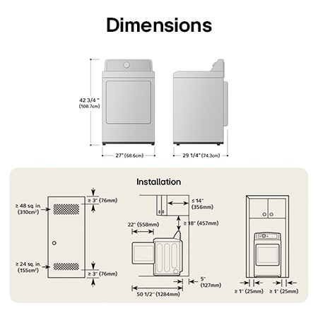 Schéma technique de dimensions et d'installation du sèche-linge LG : 27 po (68,6 cm) de largeur, 42 3/4 po (108,7 cm) de hauteur, 29 1/4 po (74,3 cm) de profondeur et 50 1/2 po (1284 mm) porte ouverte, avec dégagements et exigences de ventilation requis.