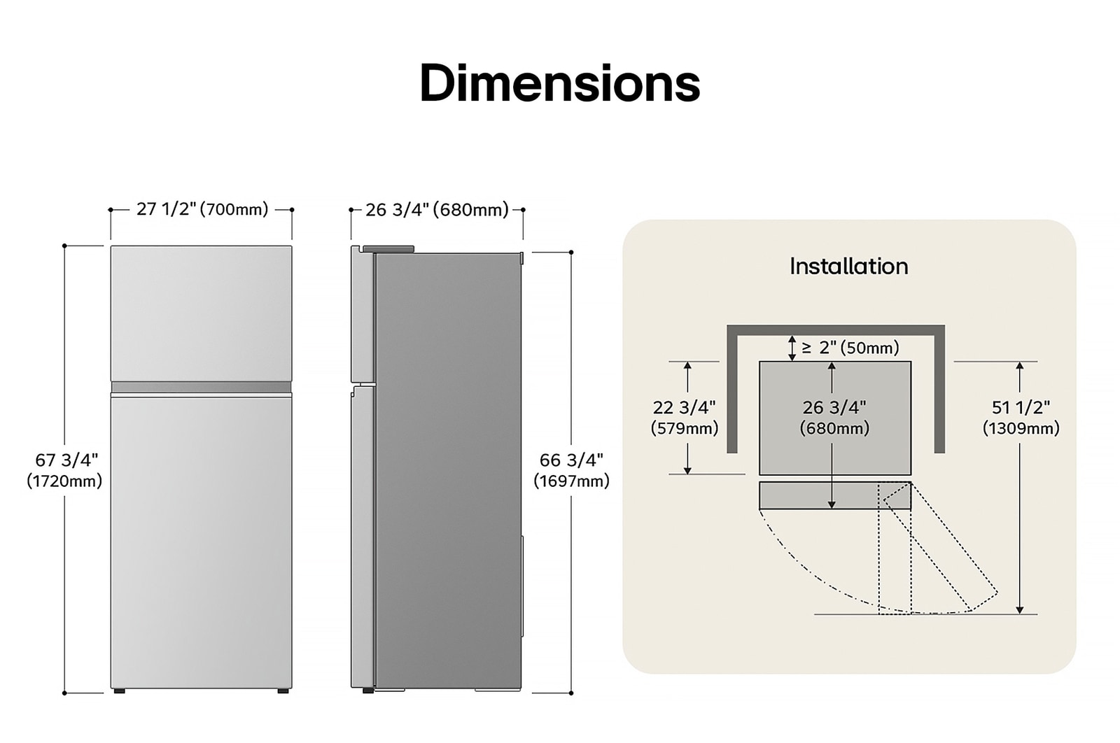 Dessin technique du réfrigérateur à congélateur supérieur LG LT13C2000V : H 67 3/4 po (1720 mm), L 27 1/2 po (700 mm), P 26 3/4 po (680 mm), dégagements incl.