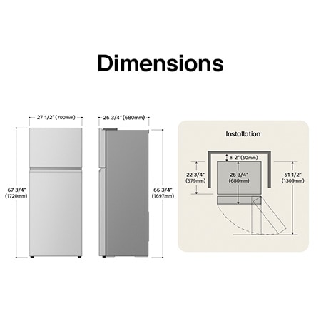 Dessin technique du réfrigérateur à congélateur supérieur LG LT13C2000V : H 67 3/4 po (1720 mm), L 27 1/2 po (700 mm), P 26 3/4 po (680 mm), dégagements incl.