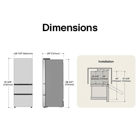 Dessin technique du réfrigérateur à kimchi LG LK12S6000V : H 70 3/8 po (1787 mm), L 26 1/4 po (666 mm), P 29 po (737 mm), dégagements incl.