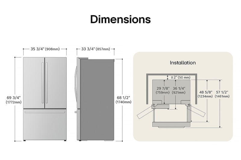 Dessin technique du réfrigérateur à portes françaises LG LRFS28XBD : H 69 3/4 po (1772 mm), L 35 3/4 po (908 mm), P 33 3/4 po (857 mm), dégagements incl.