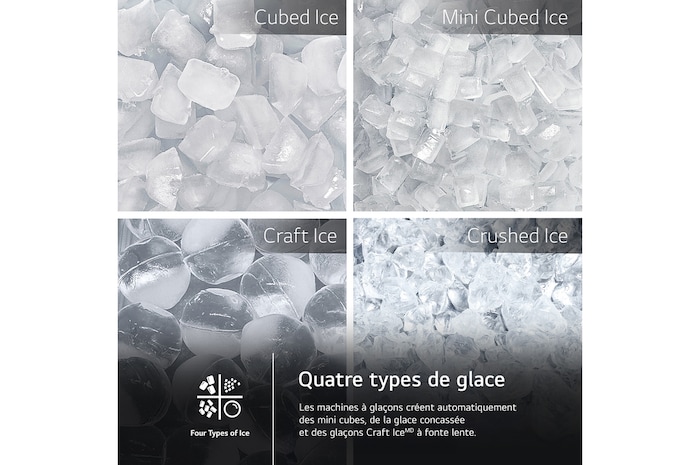 Collage montrant les 4 types de glace produits par le réfrigérateur LG LRYKC2606S : cubes, mini-cubes, Craft Ice® et glace pilée.
