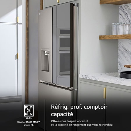 Le design Counter-Depth MAX™ du réfrigérateur LG LRYKC2606S, offrant une apparence encastrée avec une grande capacité de 26 pi³.