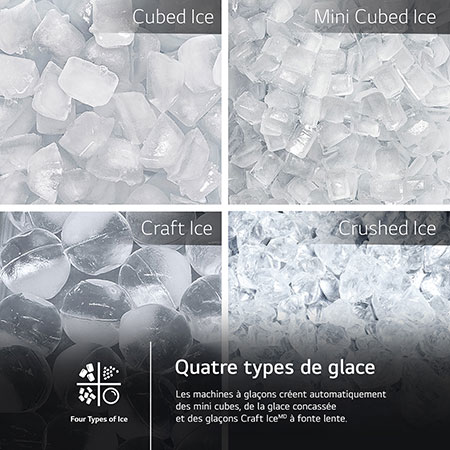Collage montrant les 4 types de glace produits par le réfrigérateur LG LRYKC2606S : cubes, mini-cubes, Craft Ice® et glace pilée.