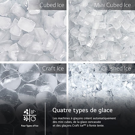 Collage montrant les 4 types de glace produits par le réfrigérateur LG LRYXC2606D : cubes, mini-cubes, Craft Ice® et glace pilée.