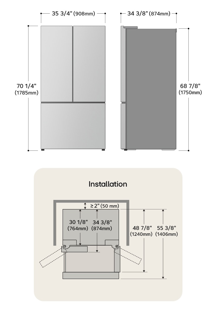 Dessin technique du réfrigérateur à portes françaises LG : H 70 1/4 po (1785 mm), L 35 3/4 po (908 mm), P 34 3/8 po (874 mm), dégagements incl.