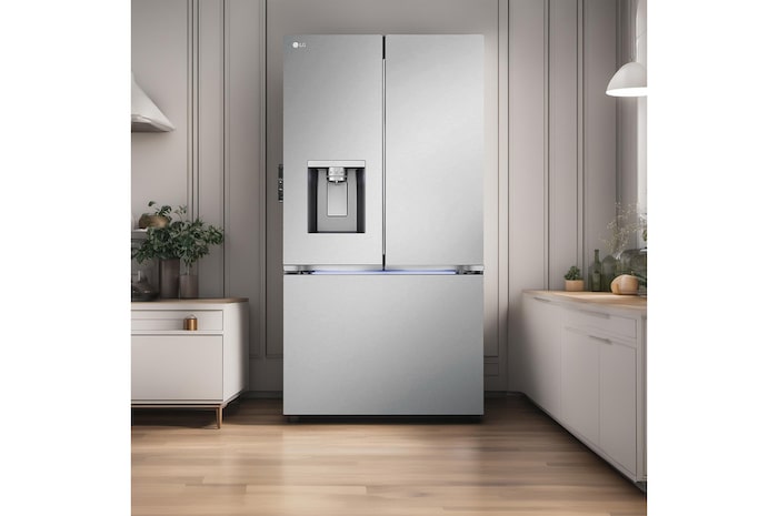 Le réfrigérateur à portes françaises LG LRYXS3106S de 36 po et 31 pi³ en acier inoxydable PrintProof™ avec distributeur de glace et d'eau, présenté dans une cuisine élégante et lumineuse.