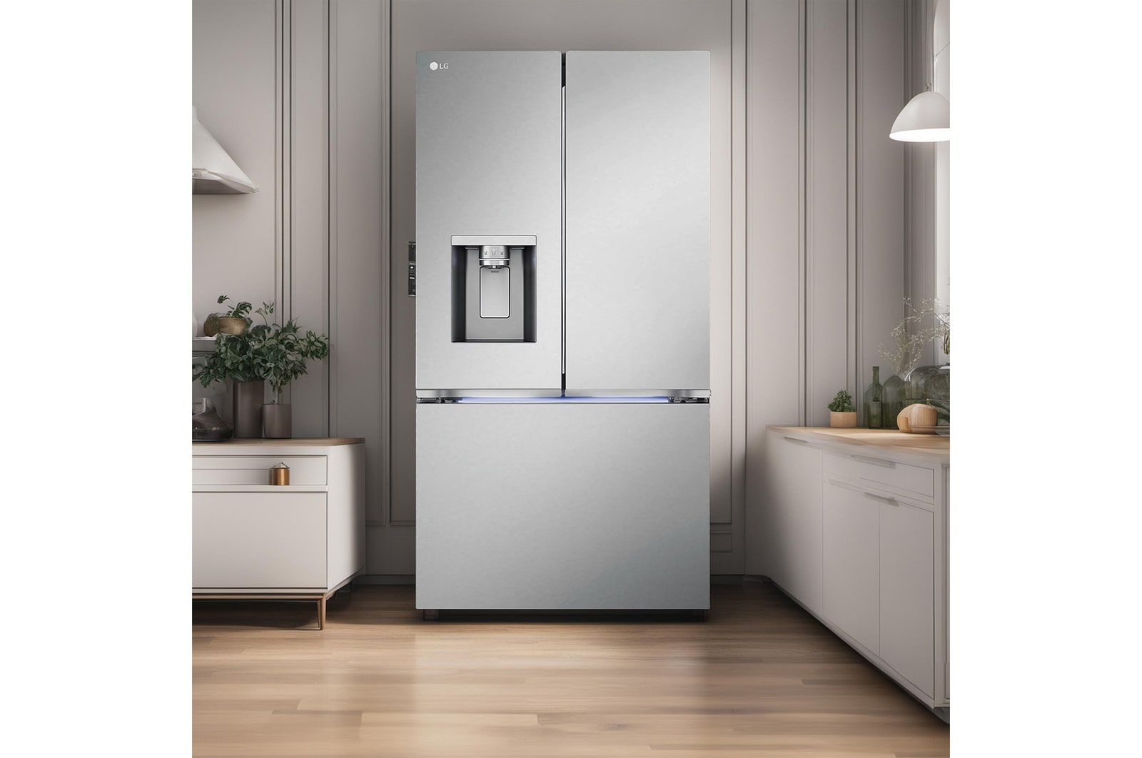 Le réfrigérateur à portes françaises LG LRYXS3106S de 36 po et 31 pi³ en acier inoxydable PrintProof™ avec distributeur de glace et d'eau, présenté dans une cuisine élégante et lumineuse.