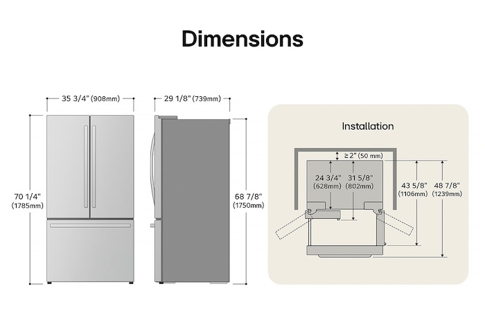 Dessin technique du réfrigérateur à portes françaises LG LCFC26XSS : H 70 1/4 po (1785 mm), L 35 3/4 po (908 mm), P 29 1/8 po (739 mm), dégagements incl.