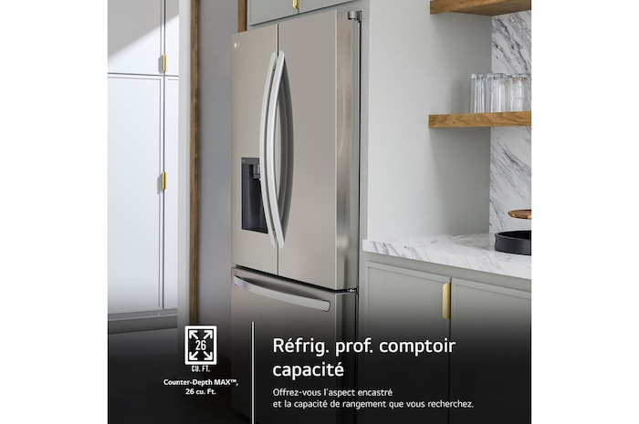 Le design Counter-Depth MAX™ du réfrigérateur LG LCFC26XSS, offrant une apparence encastrée avec une grande capacité de 26 pi³.