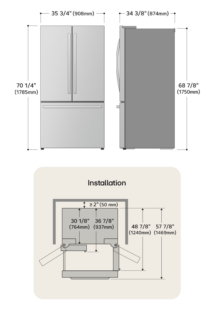Dessin technique du réfrigérateur à portes françaises LG : H 70 1/4 po (1785 mm), L 35 3/4 po (908 mm), P 34 3/8 po (874 mm), dégagements incl.