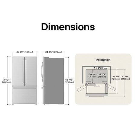 Dessin technique du réfrigérateur à portes françaises LG LRFLS3206S : H 70 1/4 po (1785 mm), L 35 3/4 po (908 mm), P 34 3/8 po (874 mm), dégagements incl.