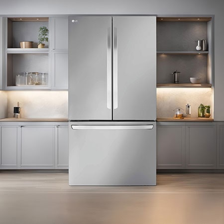 Le réfrigérateur à portes françaises LG LRFLS3206S de 36 po et 32 pi³ en acier inoxydable PrintProof™, présenté dans une cuisine moderne avec armoires grises.