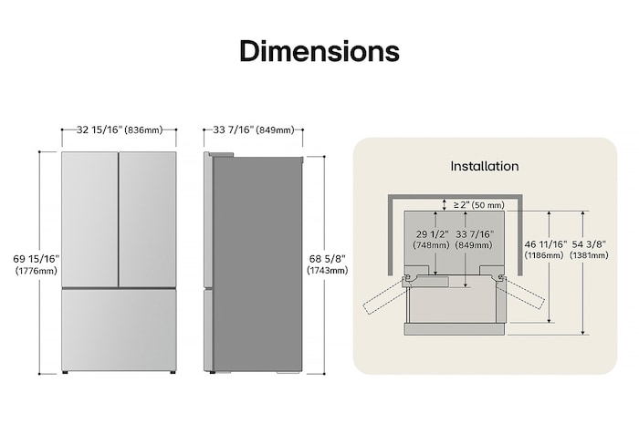 Dessin technique du réfrigérateur à portes françaises LG LF25S6330D : H 69 15/16 po (1776 mm), L 32 15/16 po (836 mm), P 33 7/16 po (849 mm), dégagements incl.